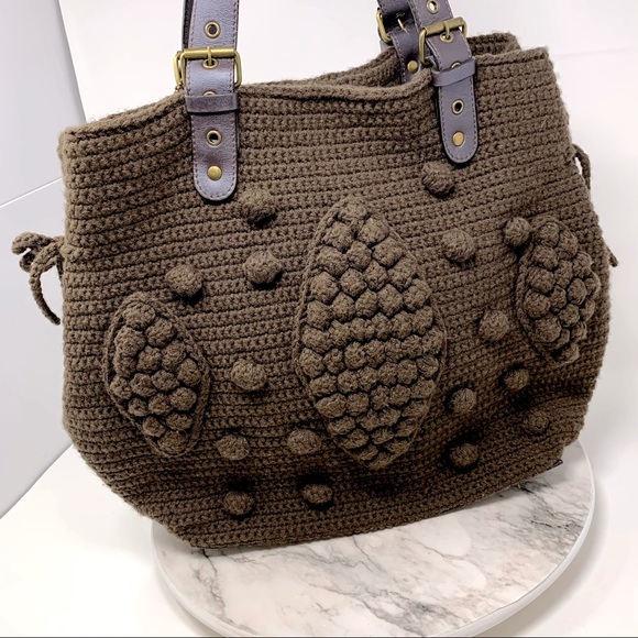 The Sak Pink Label Knitted Brown bobble textured tote bag  grannycore Bohemian - Picture 2 of 16
